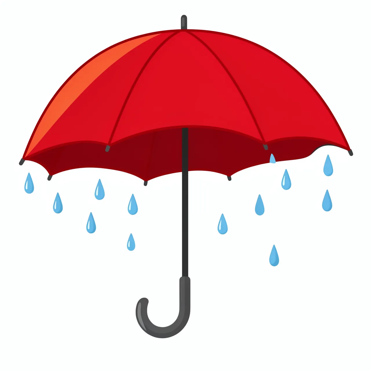 Flat clipart illustration of an open red umbrella with falling blue raindrops isolated on a plain white background