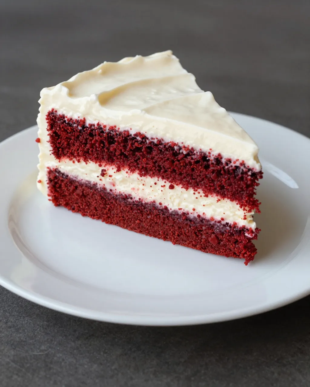 A slice of layered red velvet cake with cream cheese frosting sits on a plain white plate.
