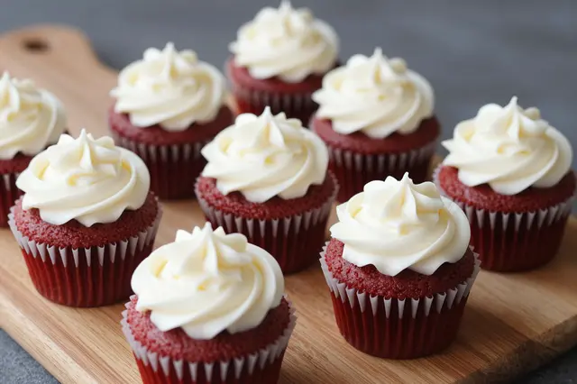 Arranged red velvet cupcakes with swirled white frosting rest on a light wooden serving board.