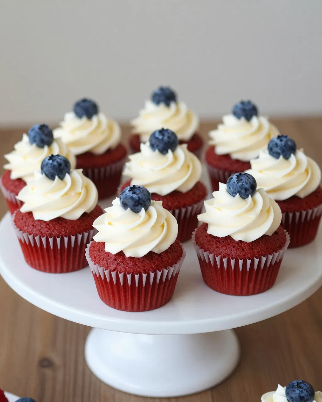 Red velvet cupcakes with white swirled frosting and fresh blueberries arranged on a white cake stand