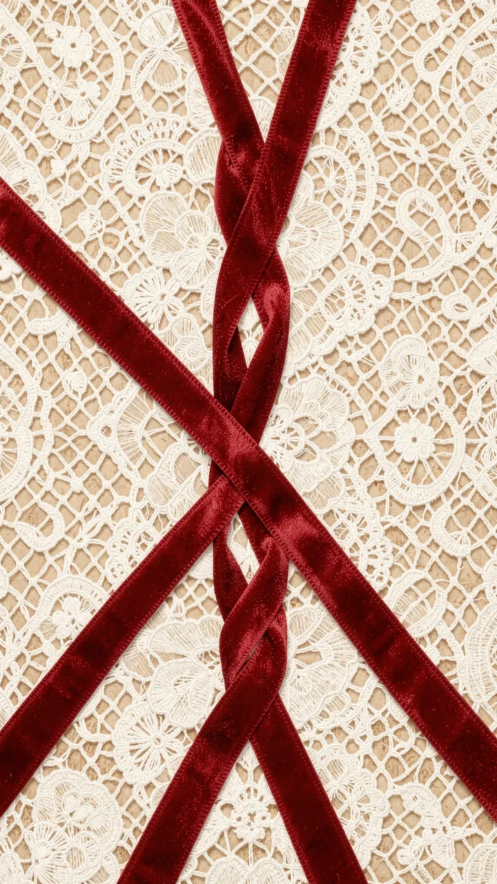 Crisscrossed red velvet ribbons rest over intricate vintage white eyelet lace for a vertical decorative pattern