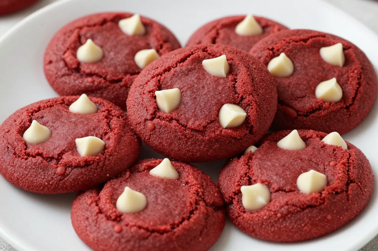 Fresh red velvet cookies topped with white chocolate chips arranged on a white plate