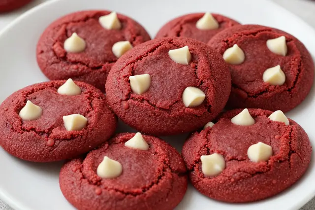 Fresh red velvet cookies topped with white chocolate chips arranged on a white plate