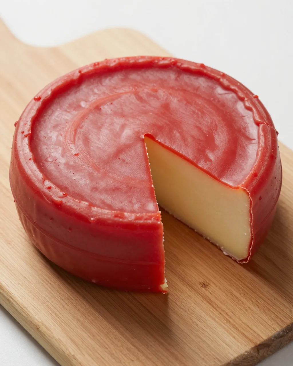 Whole gouda cheese wheel with red wax coating and a cut wedge rests on a wooden cutting board