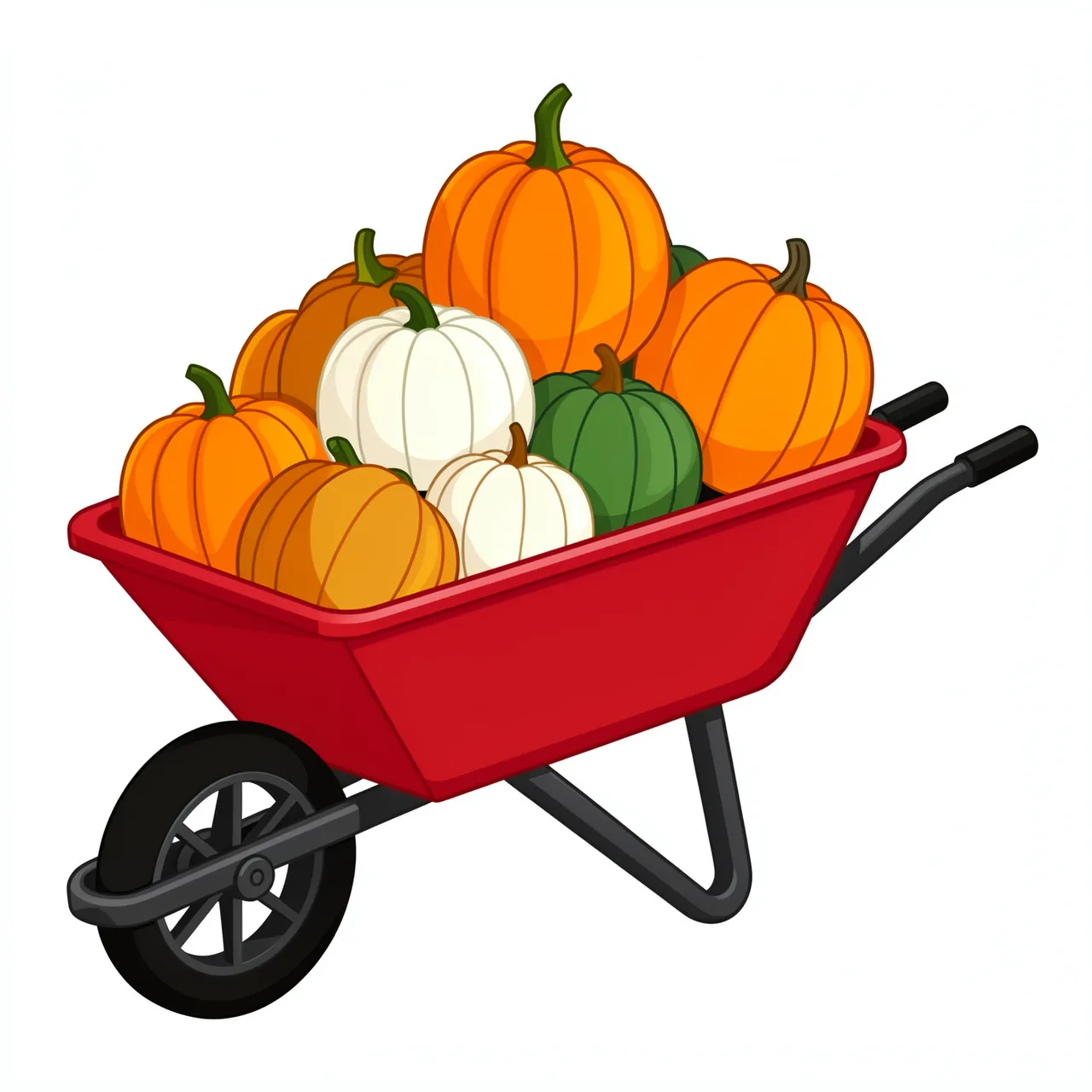 Flat clipart illustration of a red wheelbarrow piled high with orange, white and green fall pumpkins on a plain white