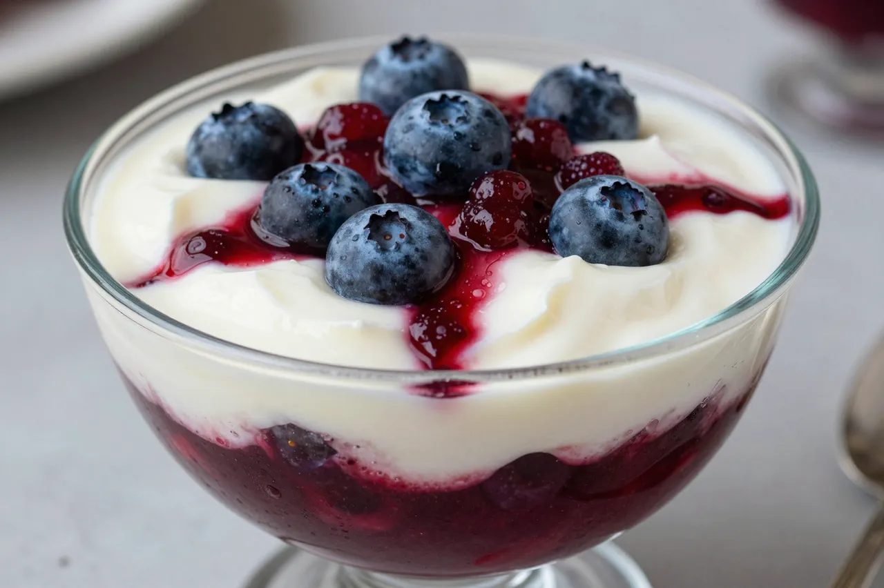 Layered berry trifle dessert in a clear glass bowl topped with fresh blueberries and berry sauce