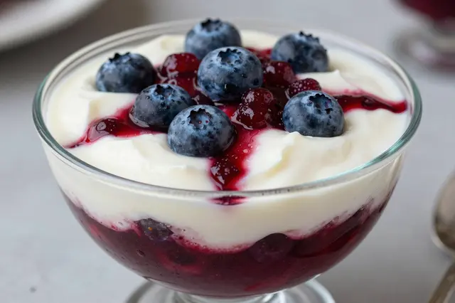 Layered berry trifle dessert in a clear glass bowl topped with fresh blueberries and berry sauce