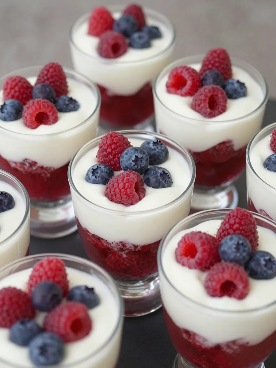 Multiple small glass cups of layered yogurt parfaits topped with fresh raspberries and blueberries arranged on a dark surface