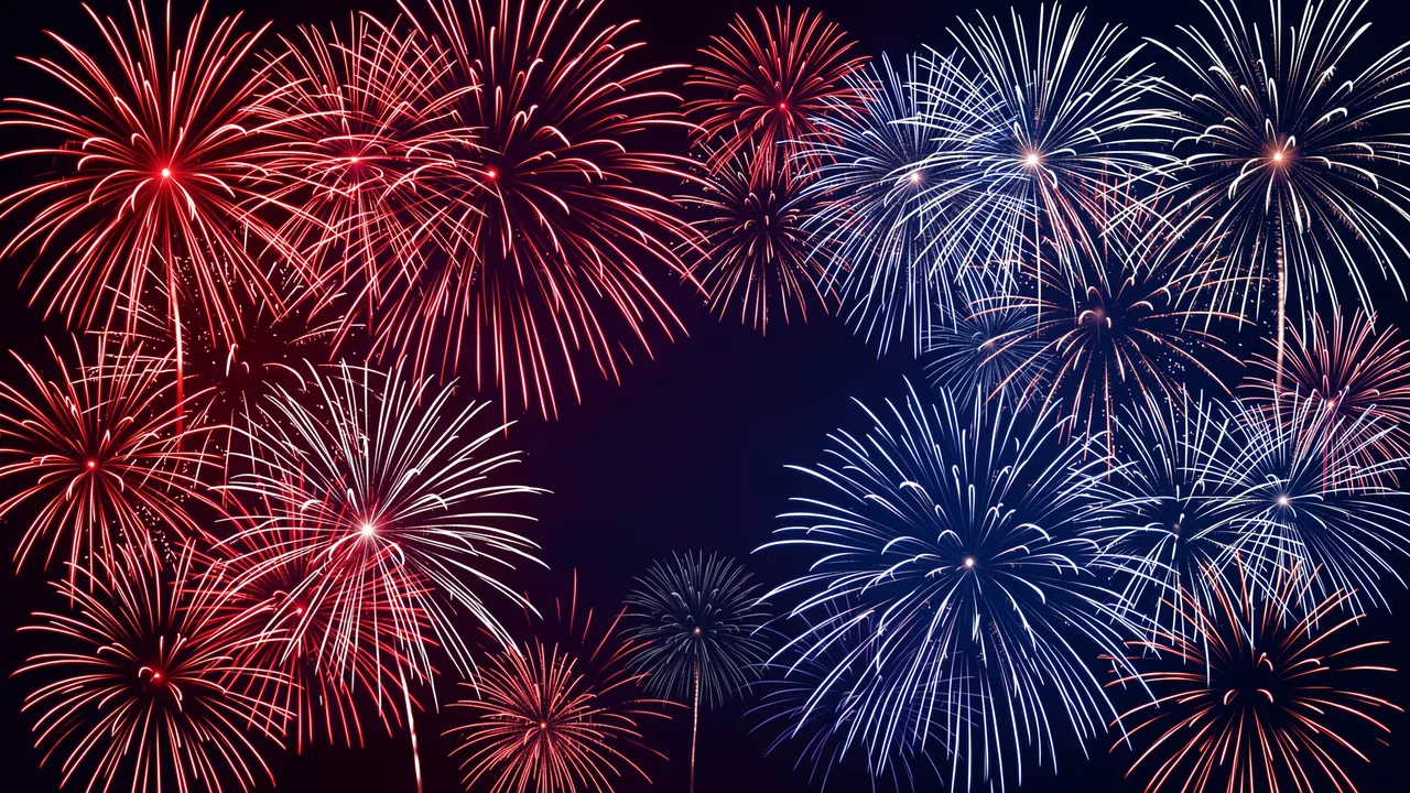 Symmetrical red, white, and blue fireworks burst against a dark night sky with central blank copy space