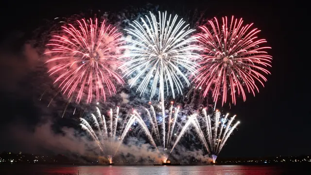 Red, white and blue fireworks burst over a calm lake against a dark night sky