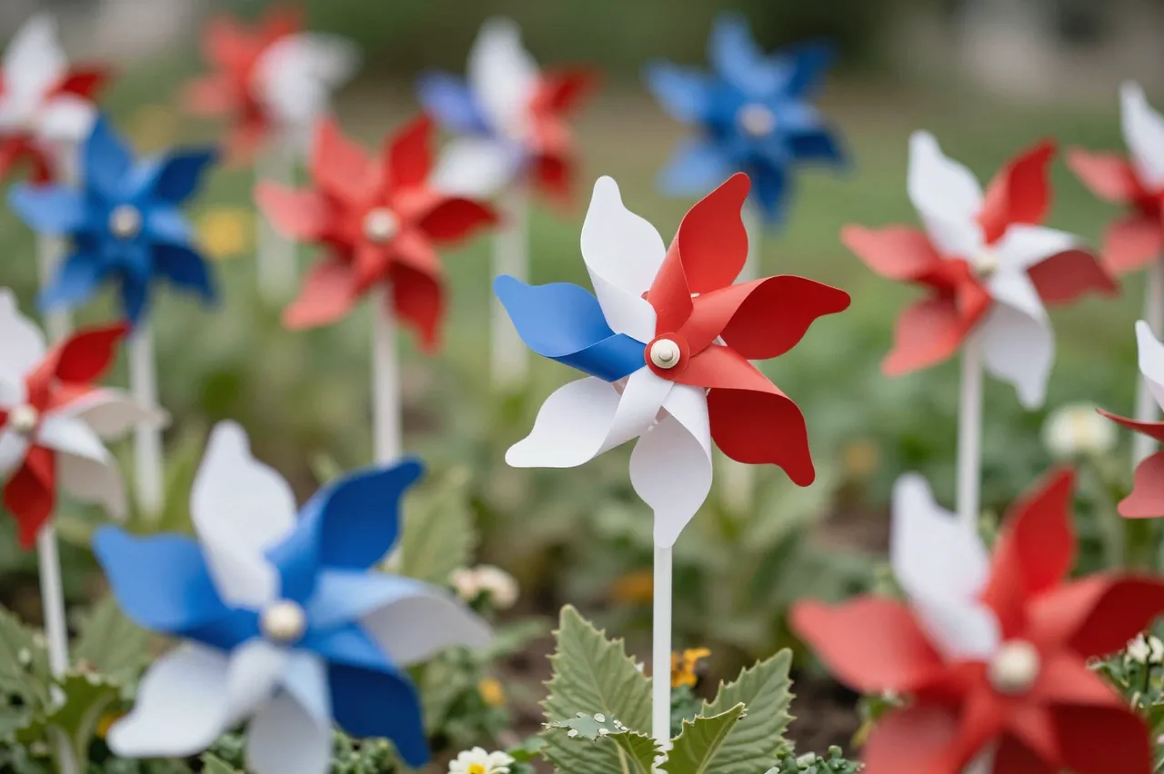 Red, white and blue pinwheels stand in a summer garden flower bed with soft blurred green background