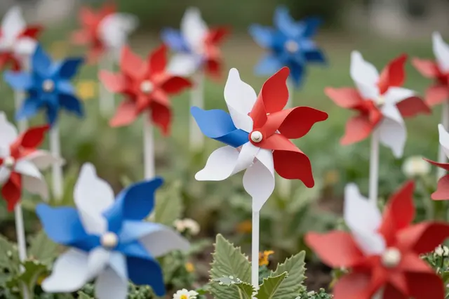 Red, white and blue pinwheels stand in a summer garden flower bed with soft blurred green background