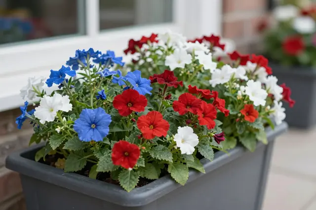 A gray window box planter holds bright red, white, and blue flowers on a residential porch.