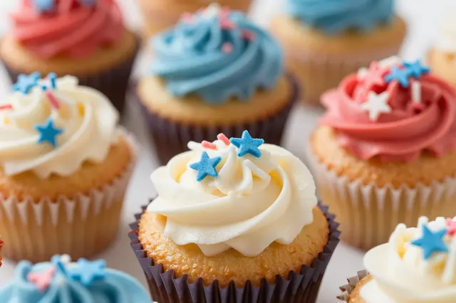 Close-up of assorted red, white, and blue frosted cupcakes decorated with star sprinkles arranged on a light surface