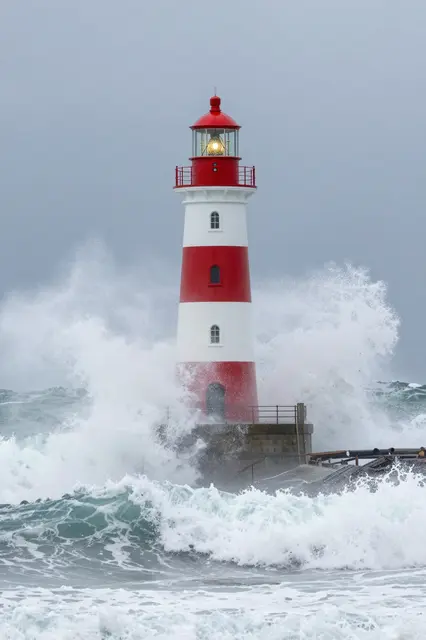 A red and white striped lighthouse stands as crashing storm waves surround its base under an overcast gray sky