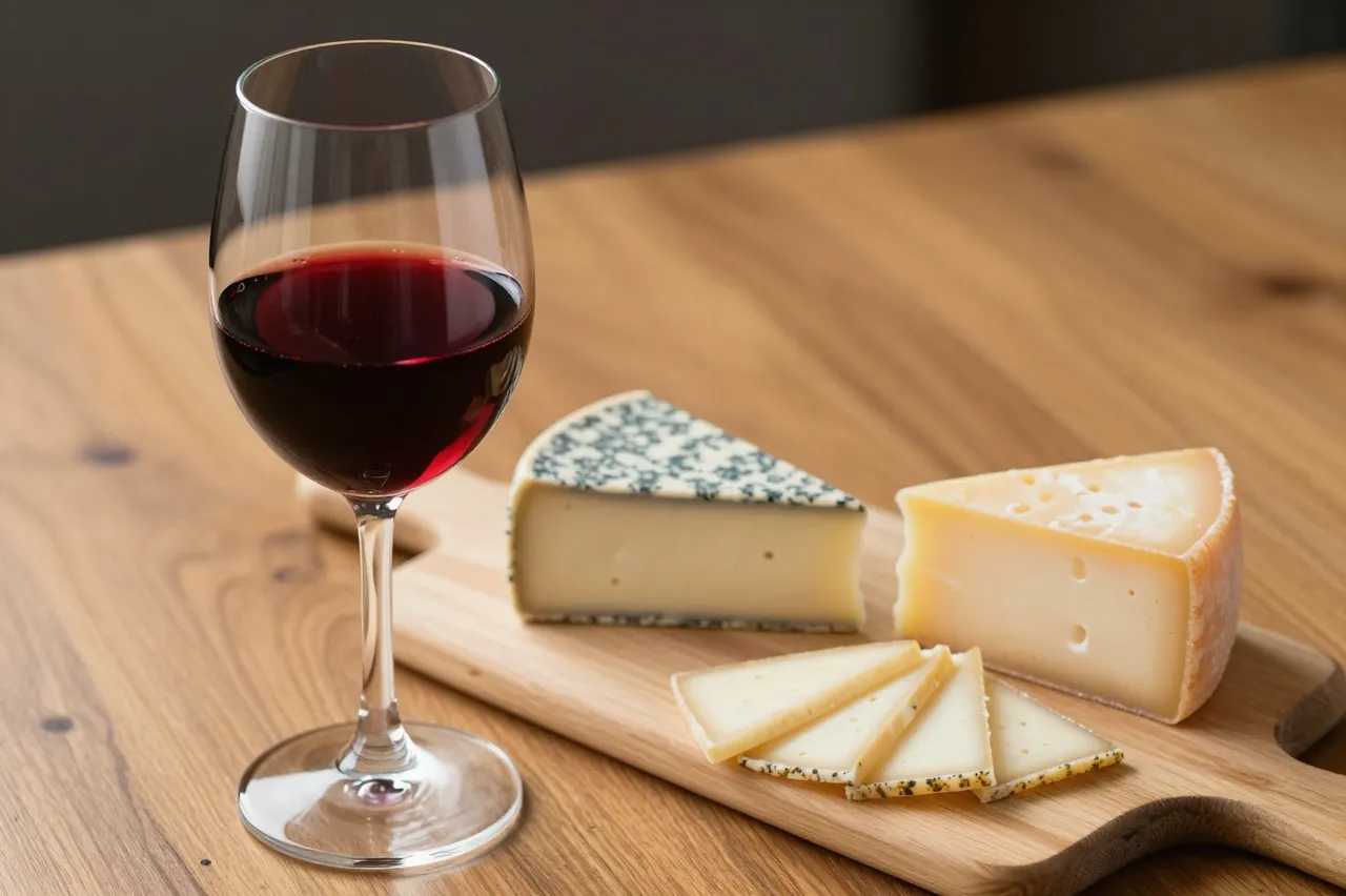 A glass of red wine sits next to a wooden cheese board with assorted cheeses on a light wood table under warm light