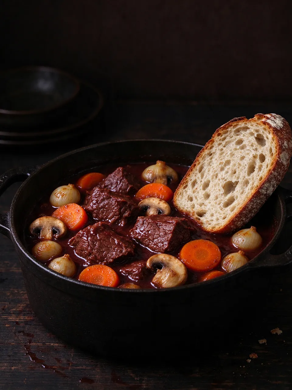Hearty red wine beef stew with vegetables and crusty bread in a black cast iron pot under moody low light