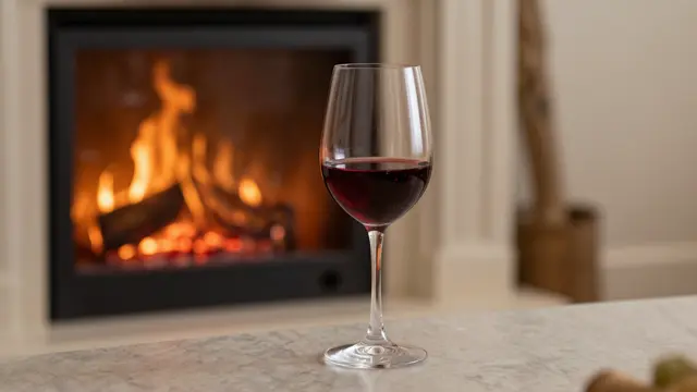 A stemmed glass of red wine rests on a marble surface in front of a burning indoor fireplace