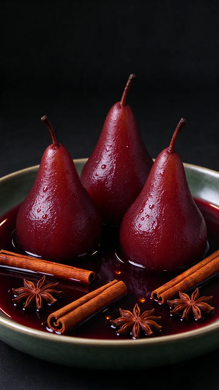 Three glossy red wine poached pears sit in a shallow bowl of spiced syrup with cinnamon and star anise on a dark background