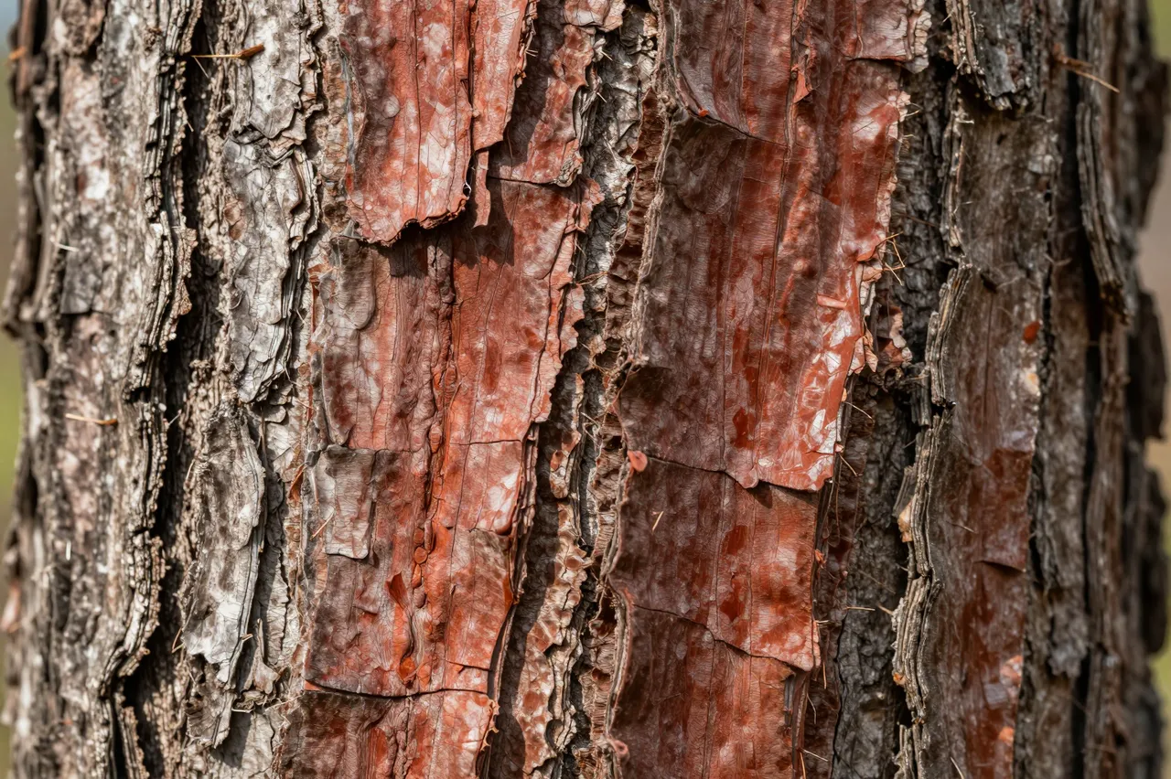 Close-up full frame shot of textured pine tree bark with deep reddish peeling plates and rough gray ridges