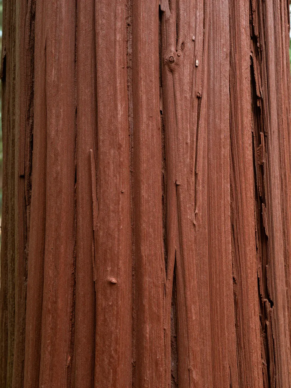 Full frame close-up of fibrous reddish redwood bark with deep vertical stringy furrows