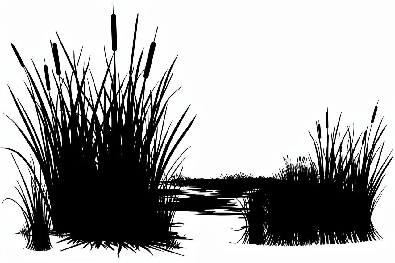 Solid black silhouette of reeds, cattails and pond edge set against a plain white background