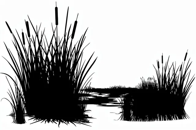Solid black silhouette of reeds, cattails and pond edge set against a plain white background