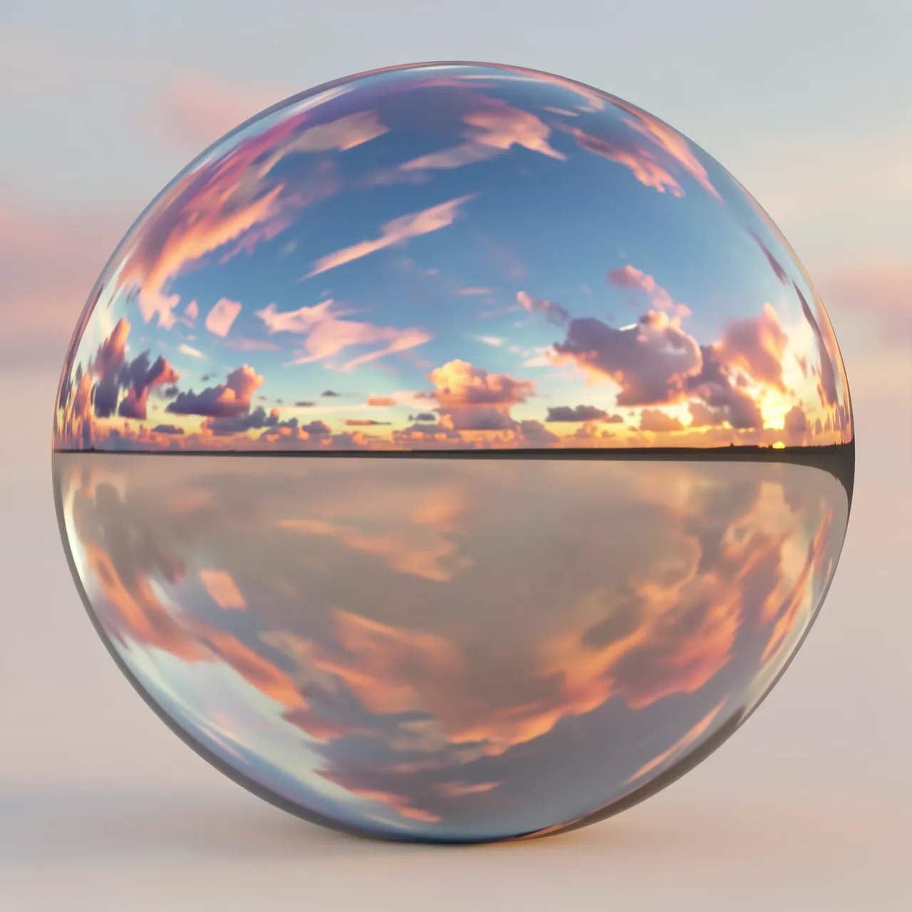 A smooth chrome reflective sphere displays a mirrored colorful sunset sky on a plain neutral surface