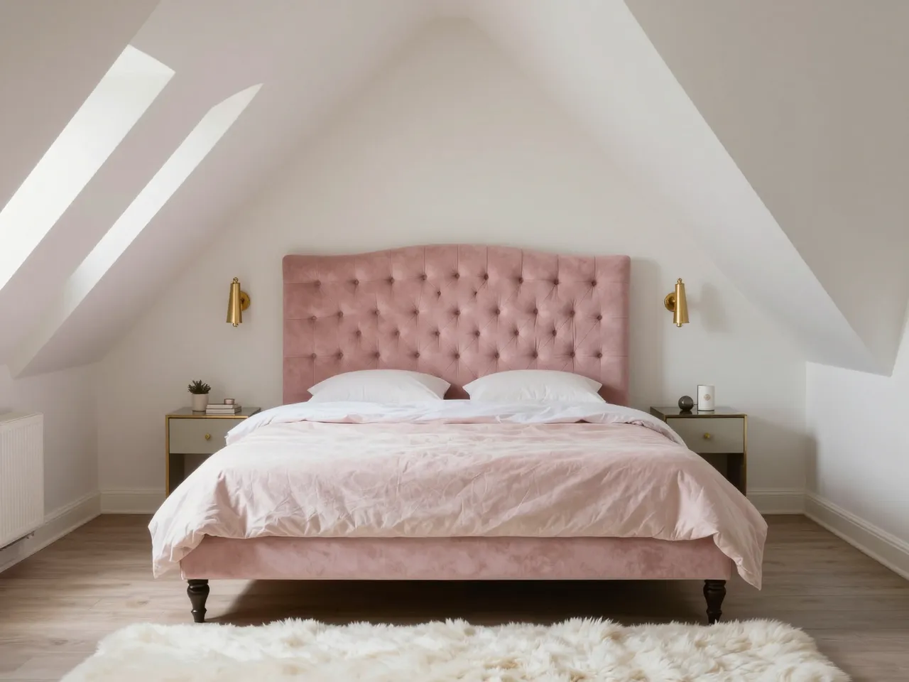 Bright attic bedroom with tufted pink bed, gold sconces and white fur rug under sloped ceiling eaves