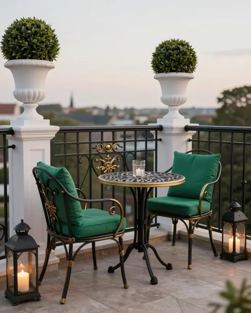 Elegant Regency style balcony with bistro set, topiaries and glowing lanterns at soft dusk