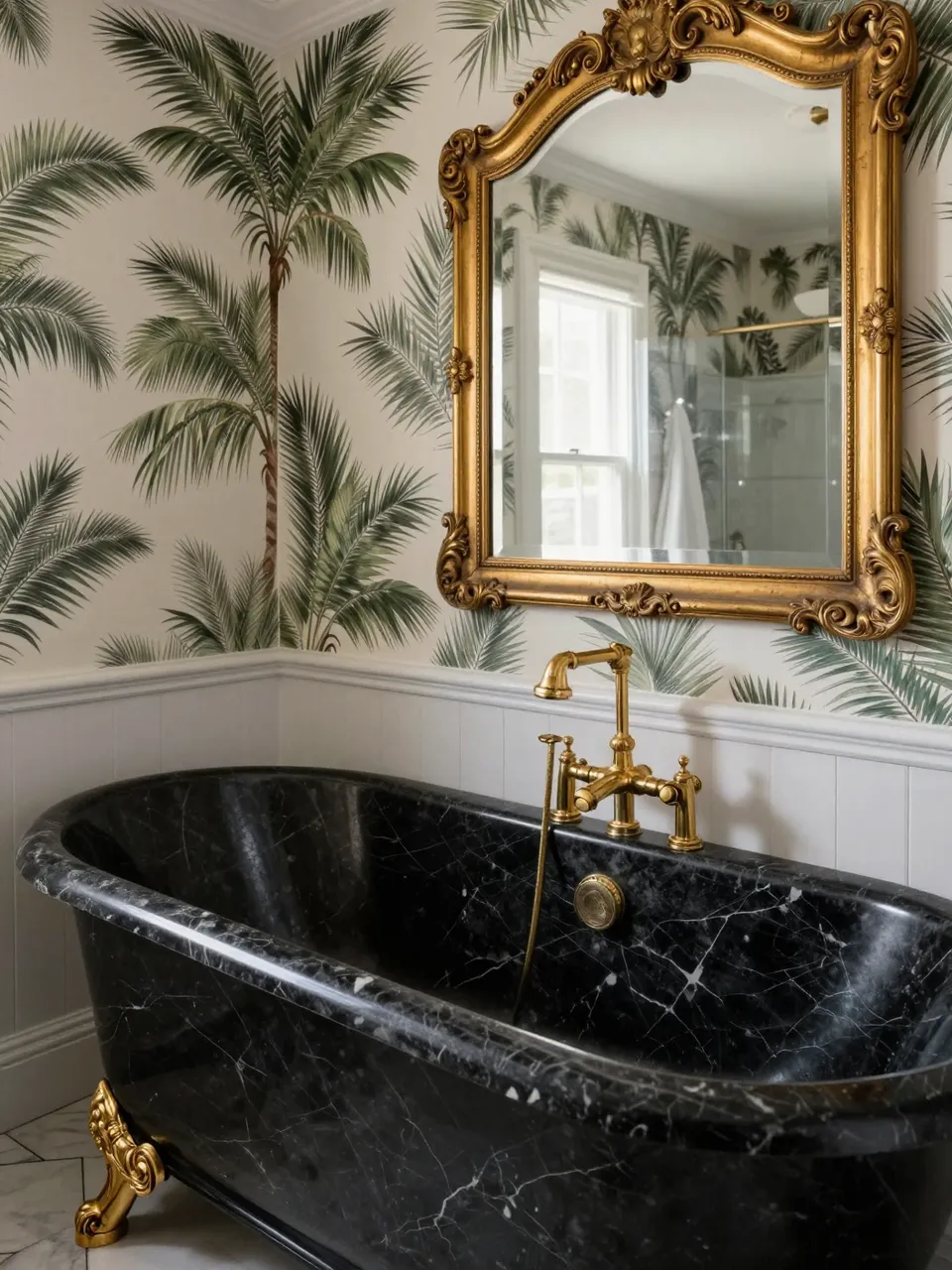 Luxury bathroom with black marble freestanding tub, gold fixtures, gilded mirror and palm leaf wallpaper