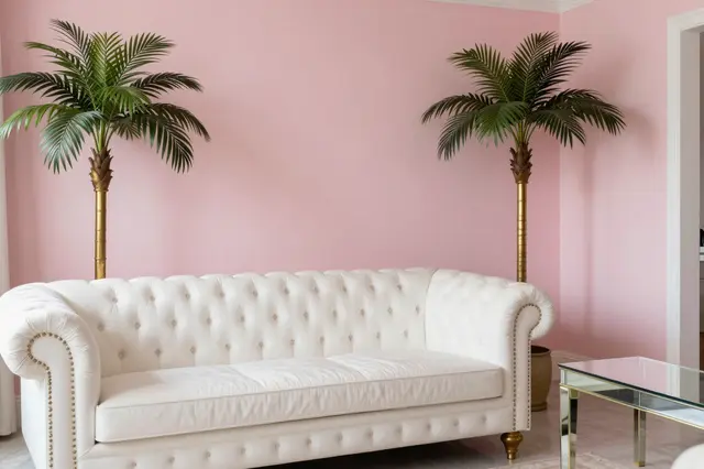 A tufted white sofa sits between two palm-style floor lamps against soft pink lacquered walls, with a mirrored side table to