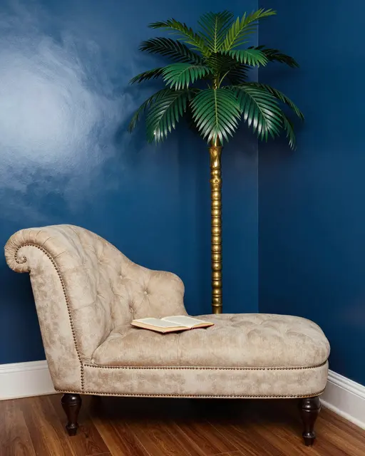 A tufted beige chaise longue sits with an open book beside a brass palm floor lamp against glossy peacock blue walls.
