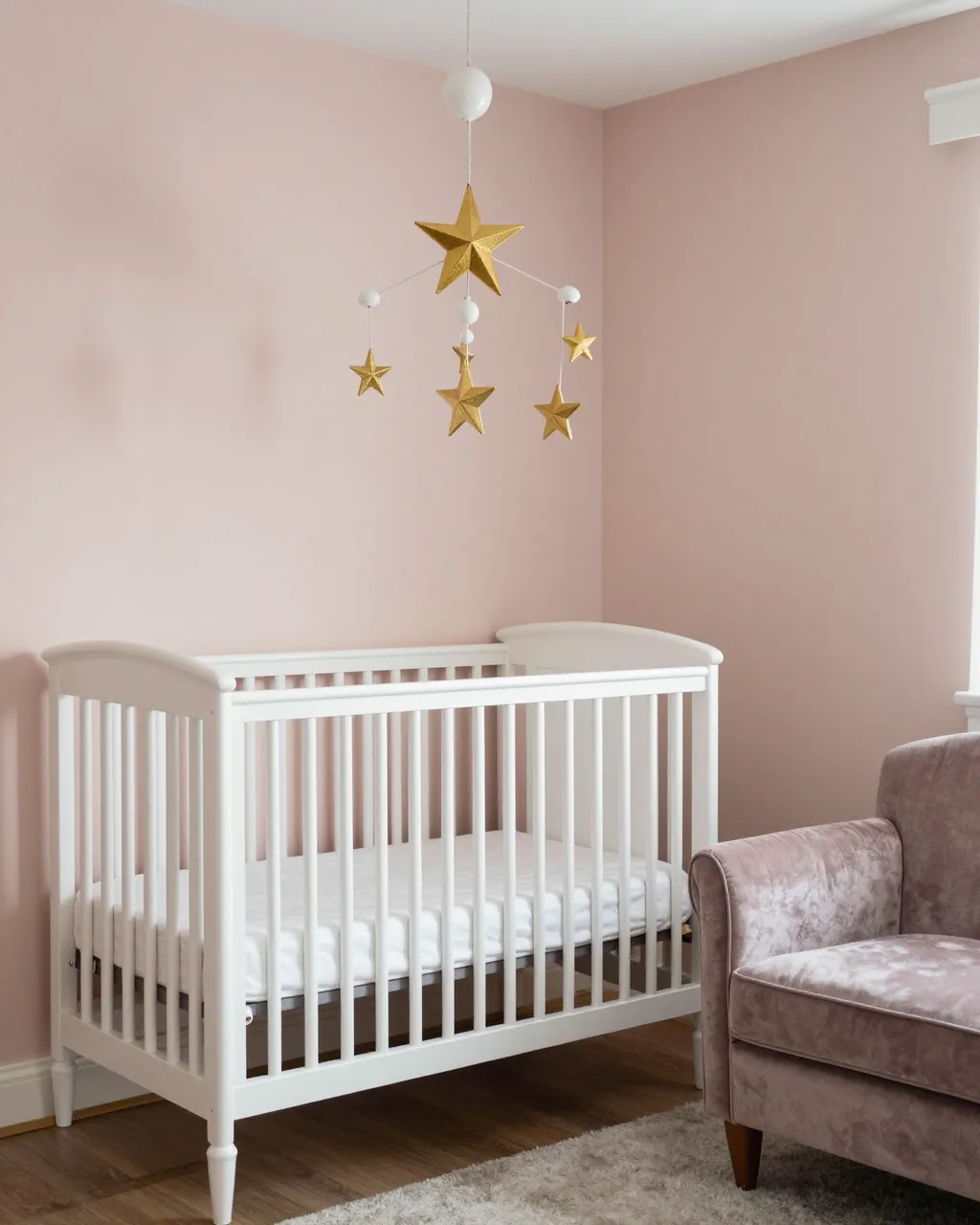 A soft blush pink nursery with white crib, gold star mobile and velvet armchair
