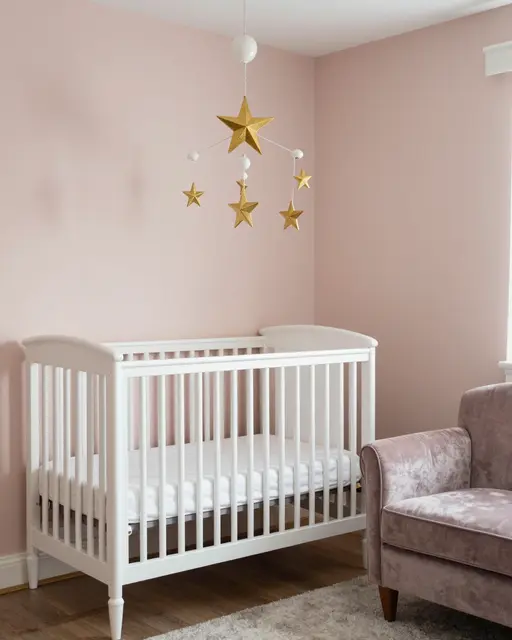 A soft blush pink nursery with white crib, gold star mobile and velvet armchair