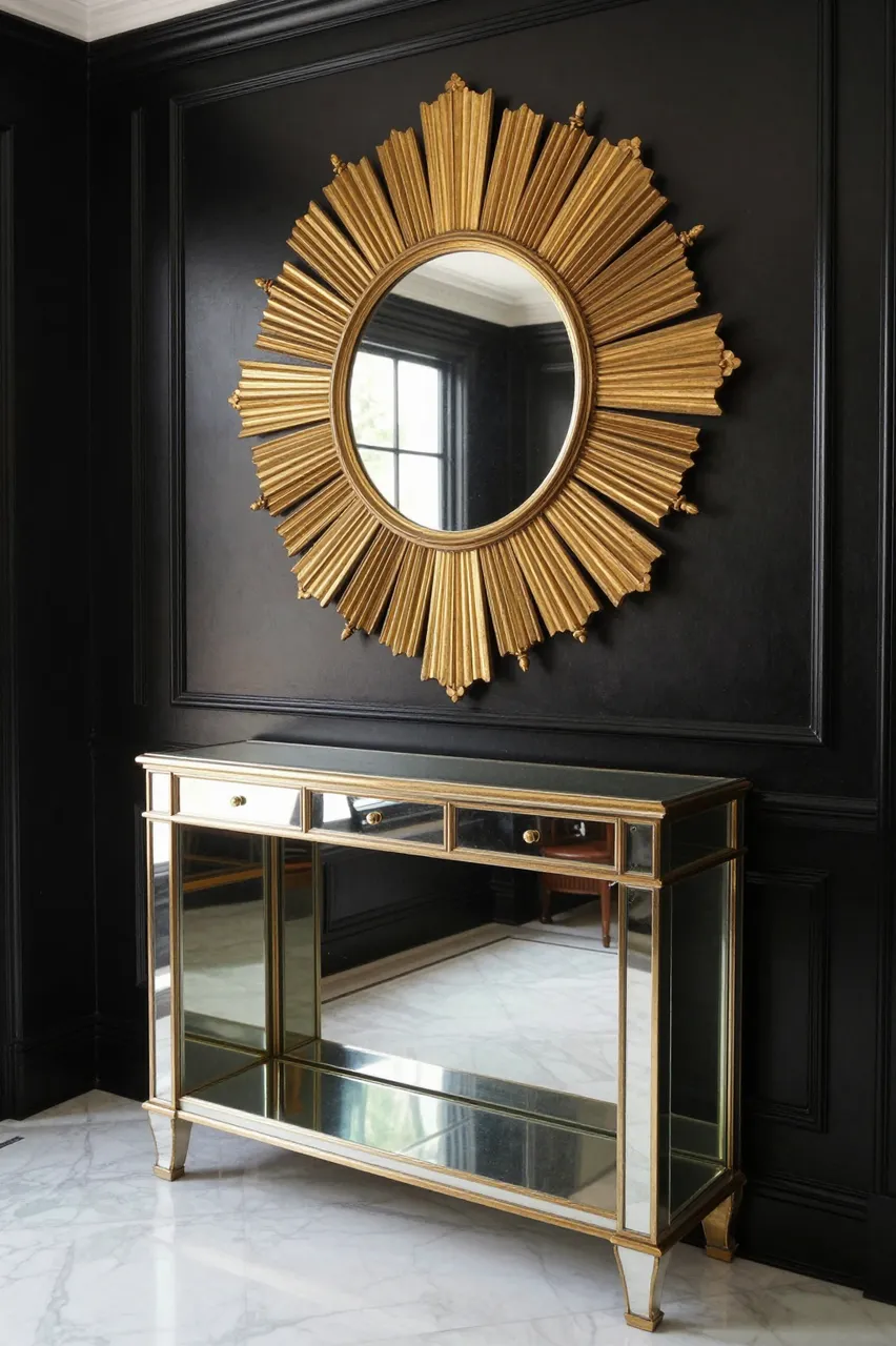 Gilded sunburst mirror hangs above a mirrored console table against black paneled walls on white marble flooring