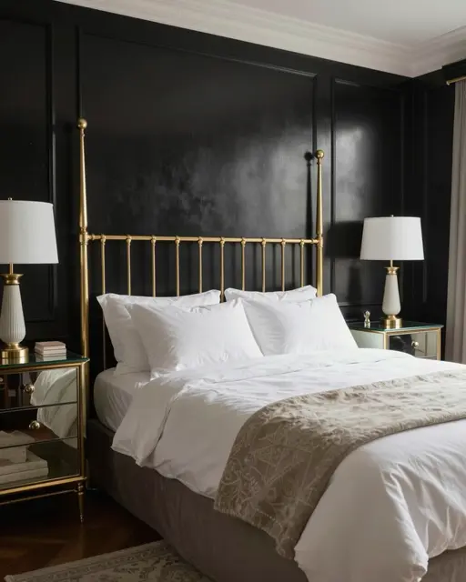 Elegant regency bedroom with a brass bed, black lacquered walls and matching mirrored nightstands
