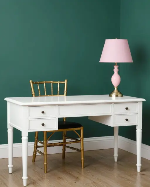 A white lacquer desk, gold bamboo chair and pink lamp sit against emerald green walls