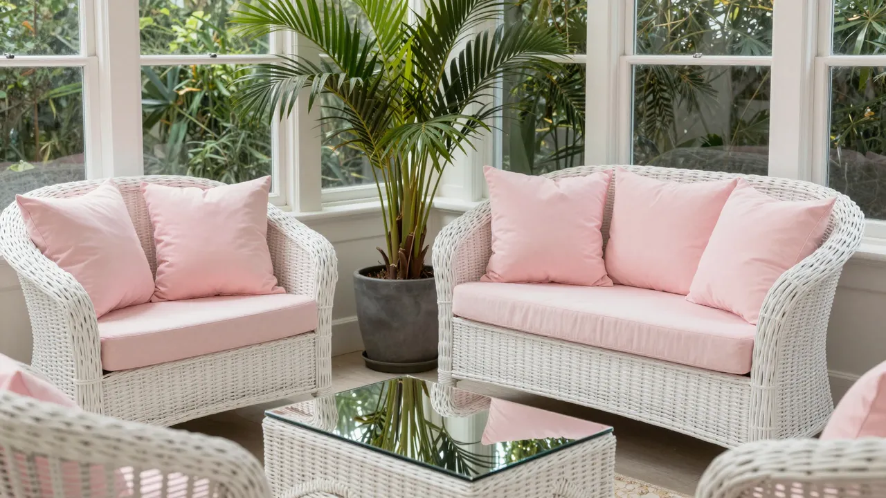 Bright sunroom interior with white wicker seating, pink cushions, a potted palm and mirrored coffee table beside large