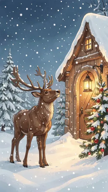 A reindeer looks up at falling snow beside a lantern-lit snowy cabin on Christmas Eve