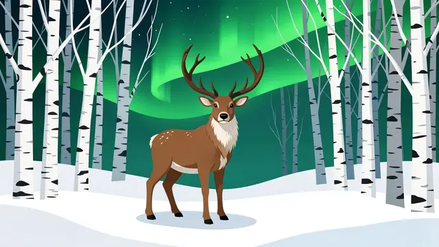 A reindeer stands in a snowy birch forest beneath glowing green northern lights