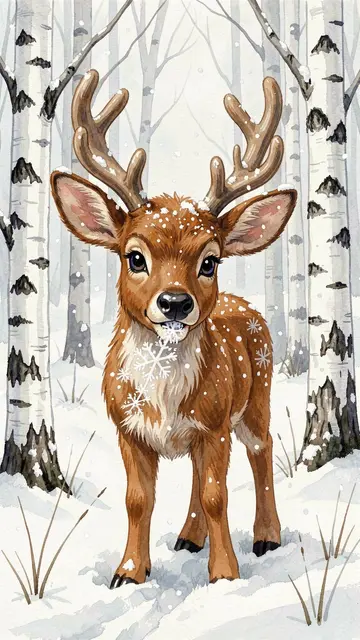 Cute reindeer calf stands in a snowy birch forest as snowflakes fall around it