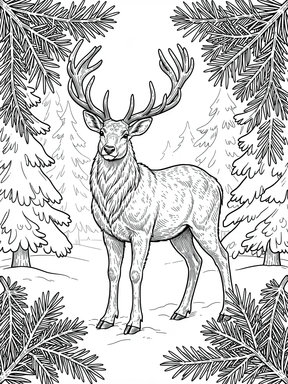 Black and white line art of a reindeer standing in a snowy pine forest framed by pine boughs