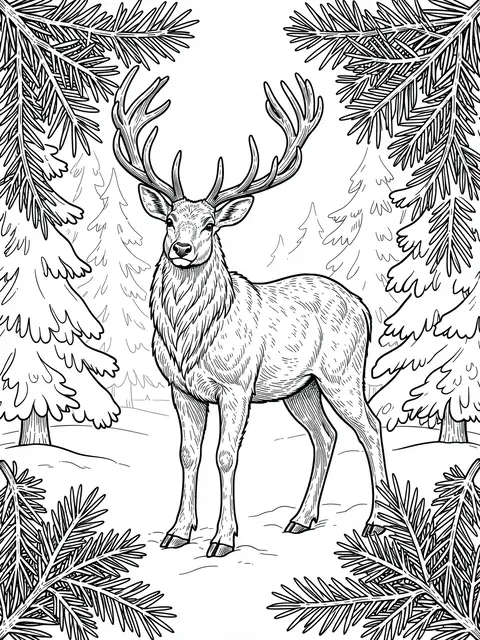 Black and white line art of a reindeer standing in a snowy pine forest framed by pine boughs