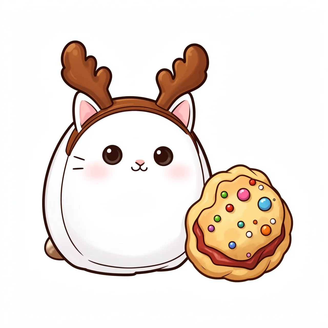 Chibi style round white cat wearing a reindeer antler headband sits next to a decorated Christmas cookie on a plain white