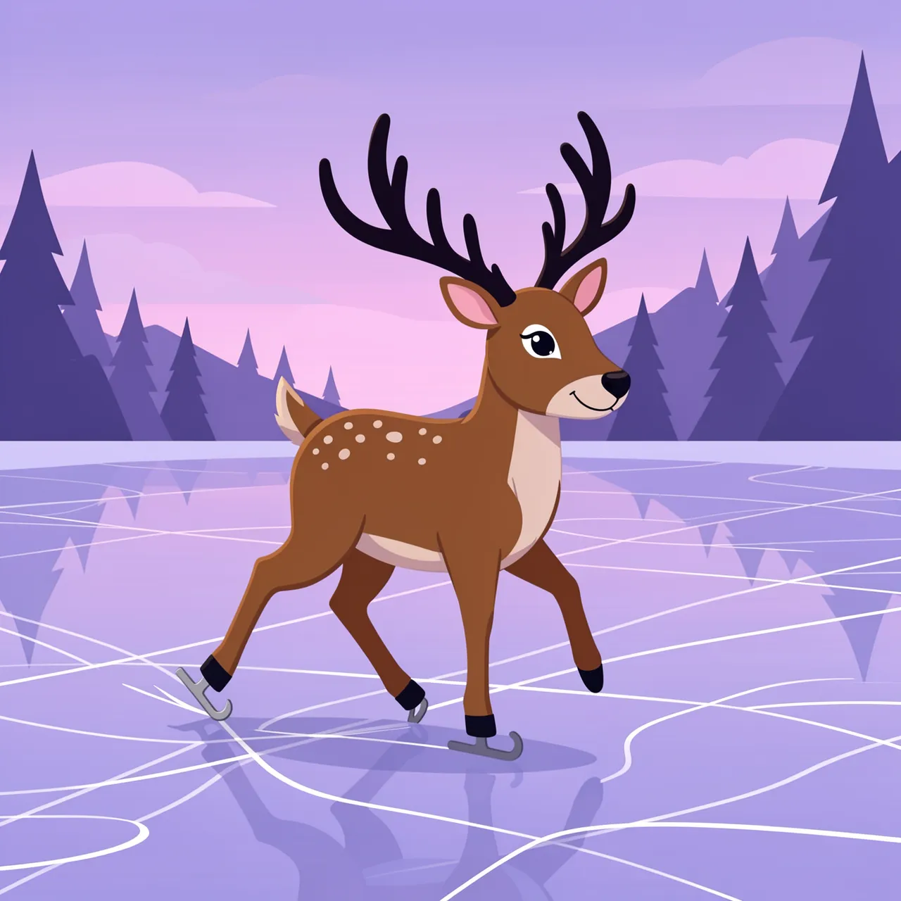 A cute cartoon reindeer wearing ice skates glides on a frozen lilac lake at purple dusk.
