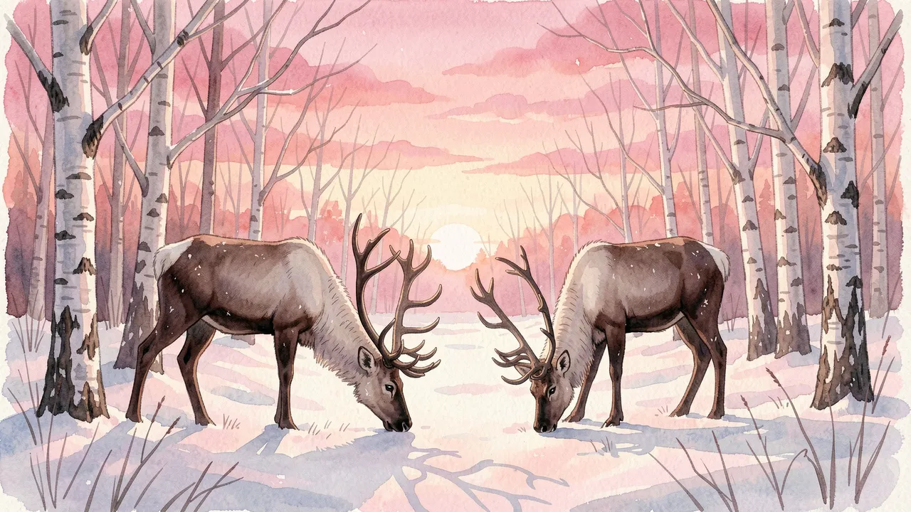 Watercolor illustration of two grazing reindeer in a snowy birch forest under a pink dawn sky