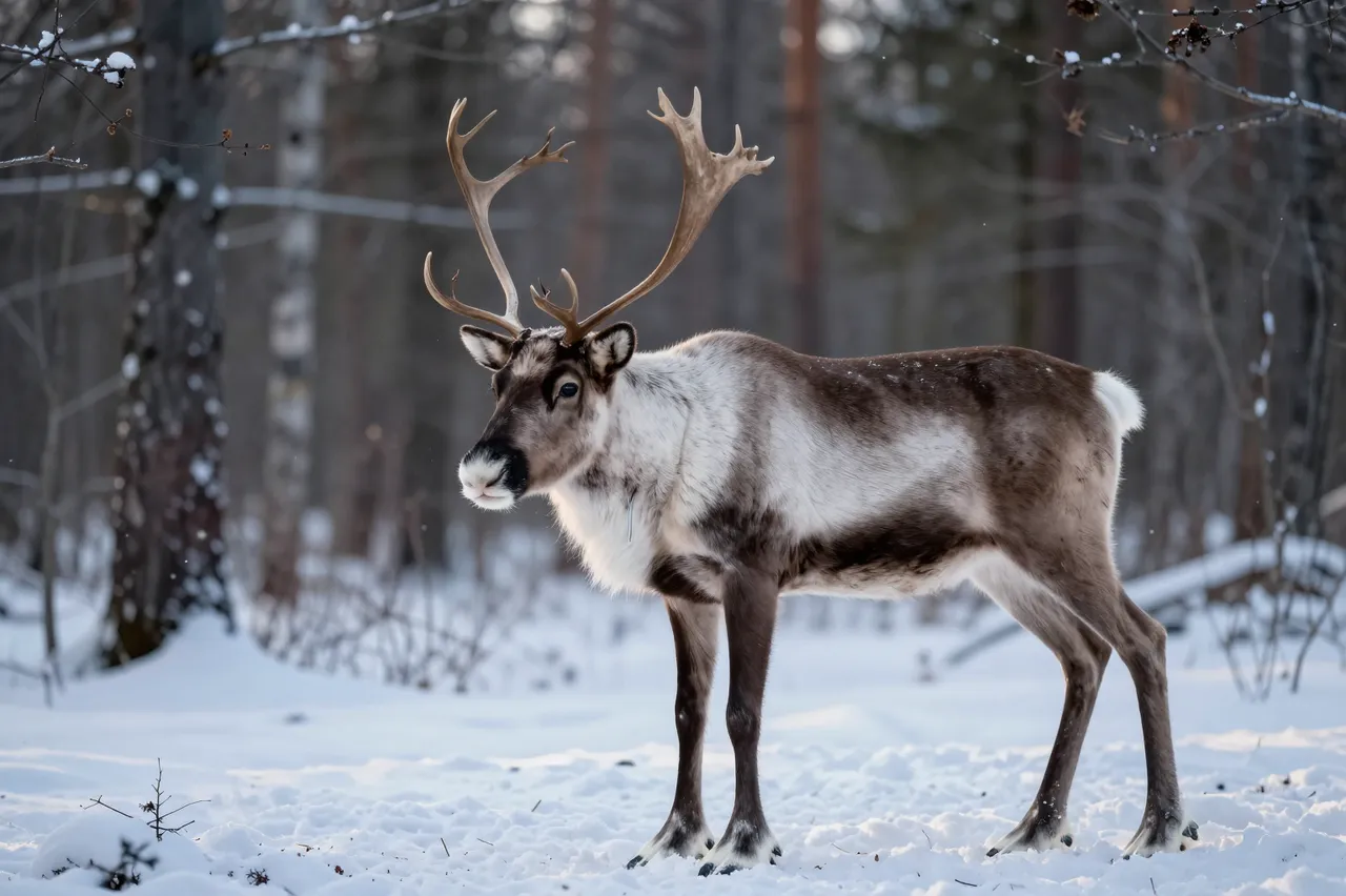 A reindeer with large antlers stands still on snow-covered ground in a dense winter forest at dusk