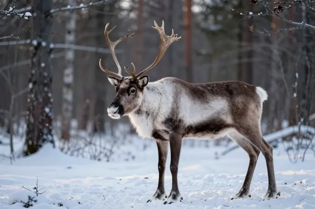 A reindeer with large antlers stands still on snow-covered ground in a dense winter forest at dusk