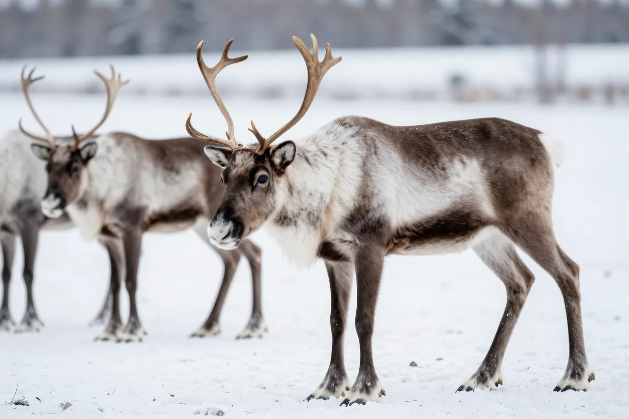 Three reindeer stand on open snow-covered ground with blurred treeline in the distance